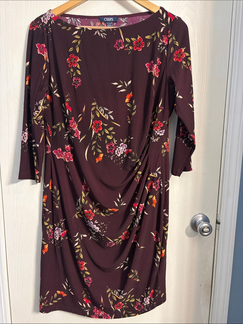 Chaps Burgundy Floral Midi Dress with Pink and Orange Flowers